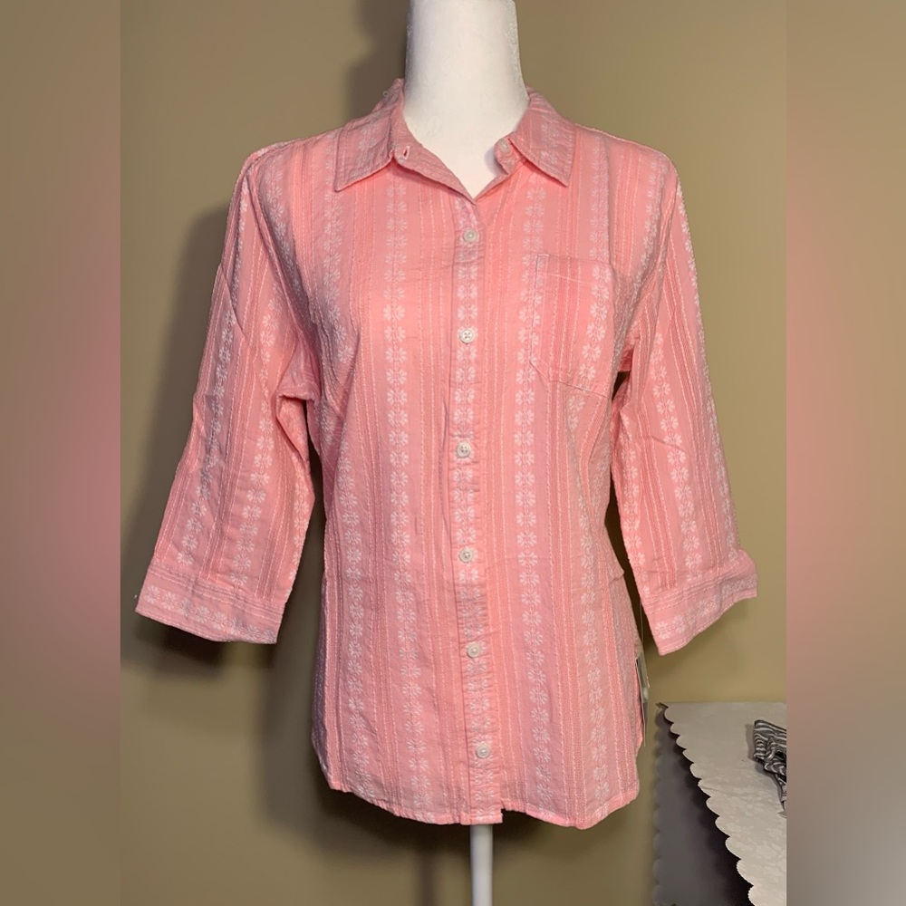 NWT Top: Button-Down, Pink & White, Flattering Vertical Stripes, Floral, Petite